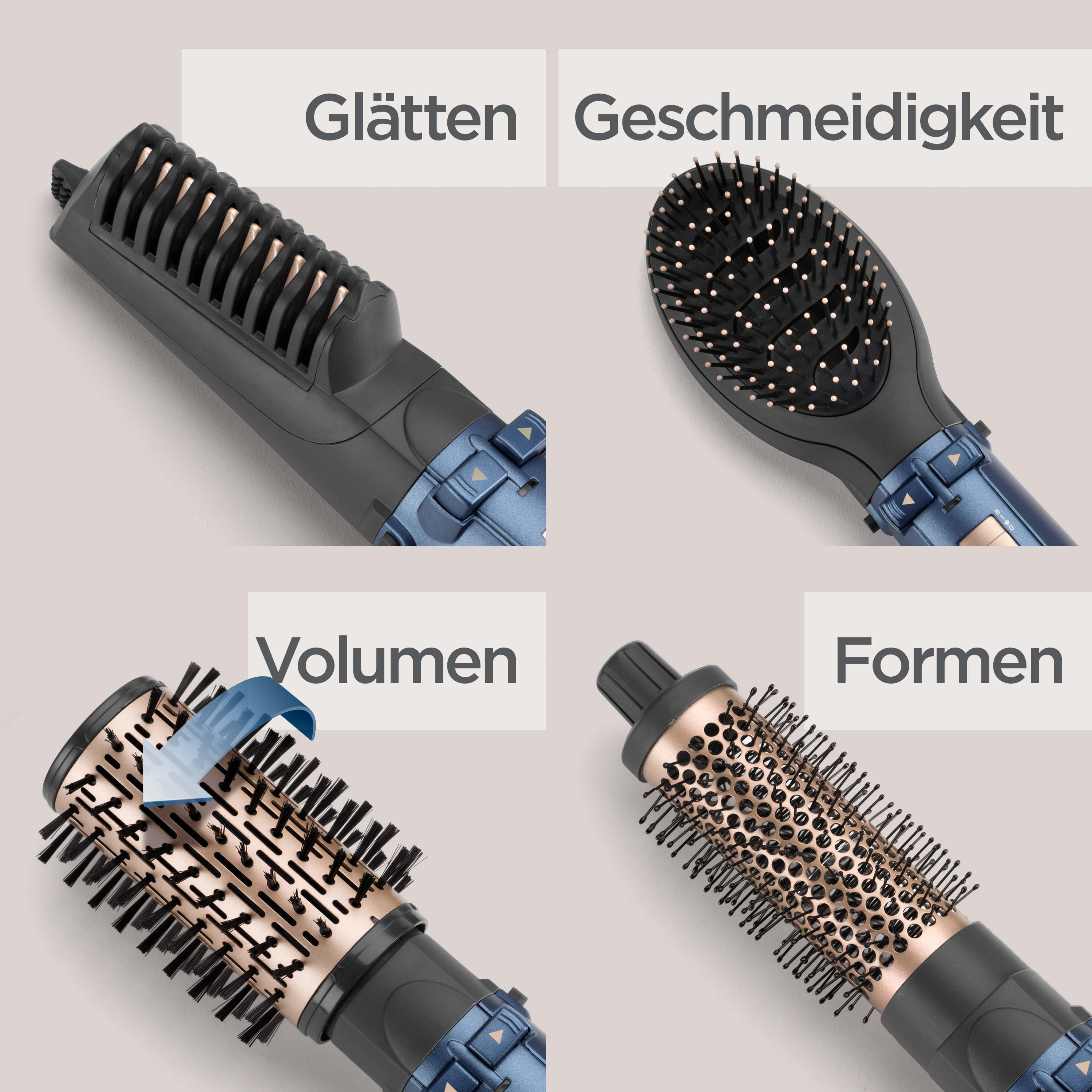 Vier Aufsätze für Haartrockner: Glätten, Geschmeidigkeit, Volumen, Formen.
