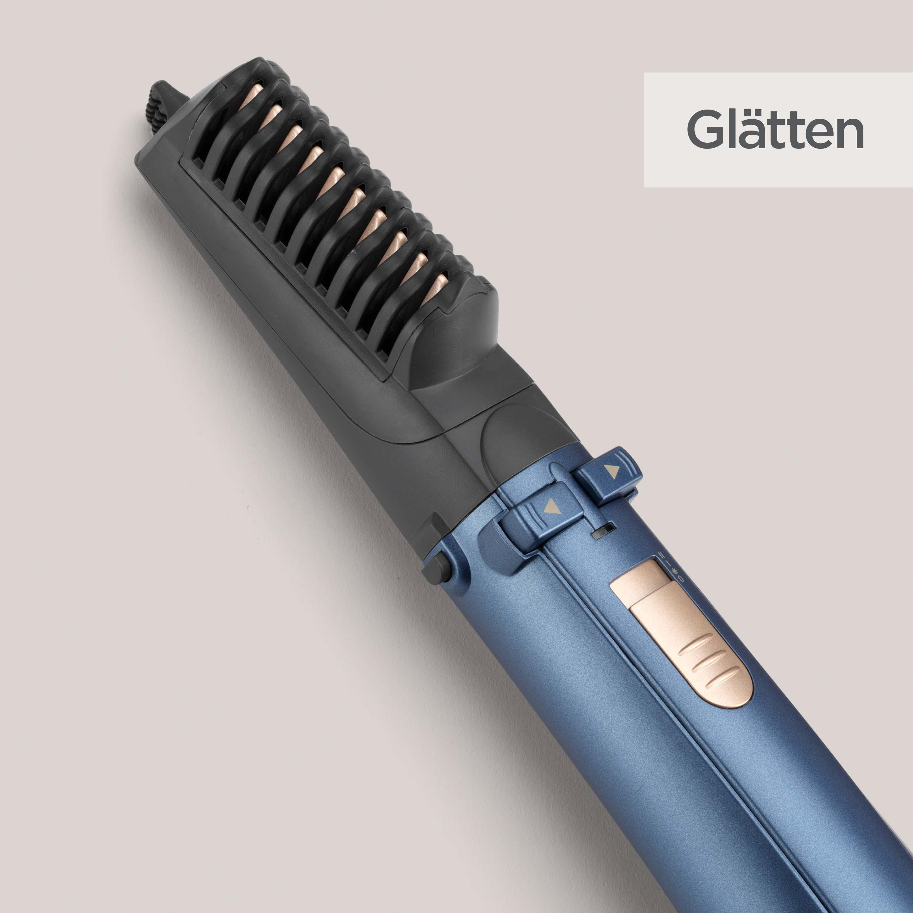 Ein blauer Haarglätter mit schwarzen und goldenen Details auf hellem Hintergrund.
