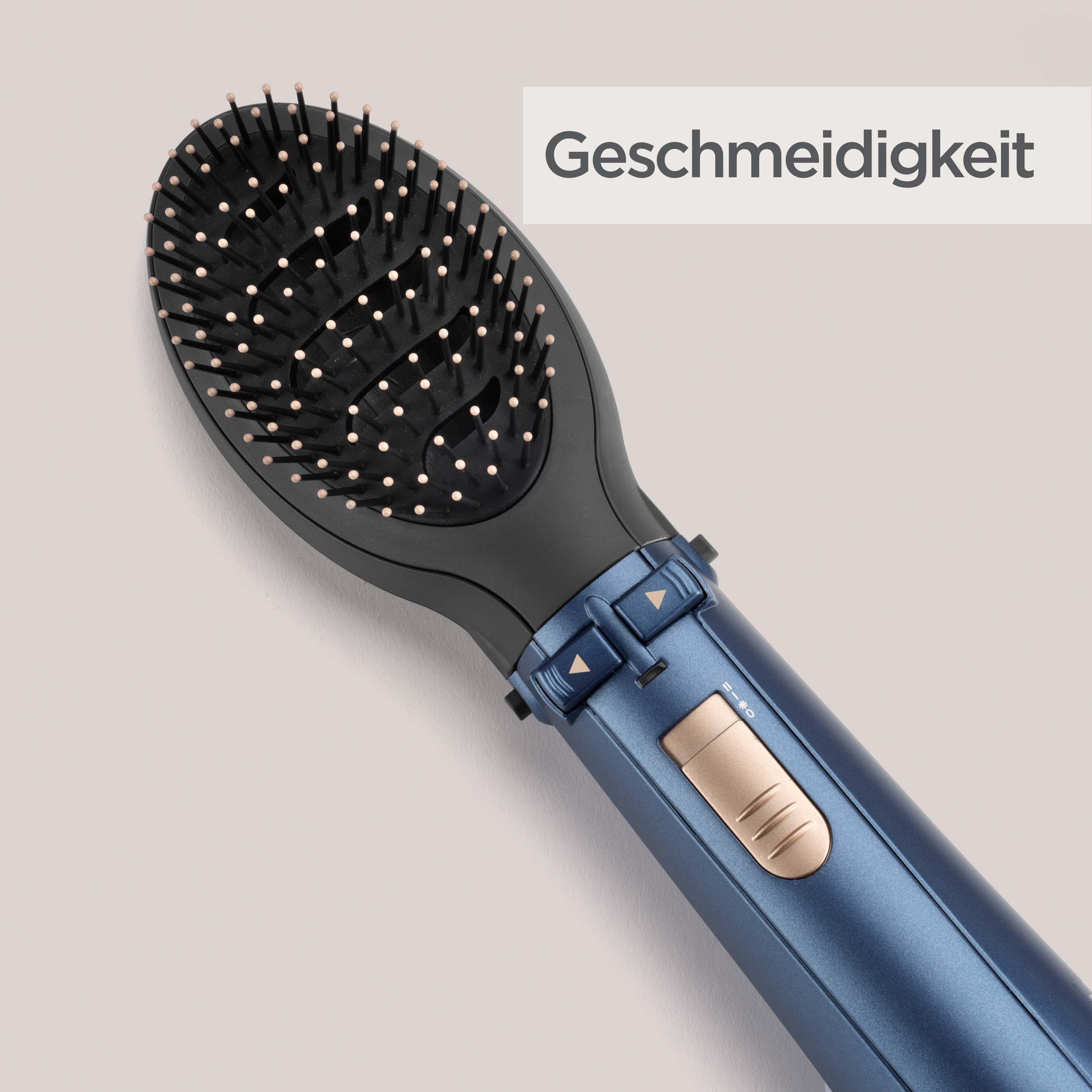 Ein blauer Haarglätter mit schwarzen Borsten und goldenen Bedienelementen.