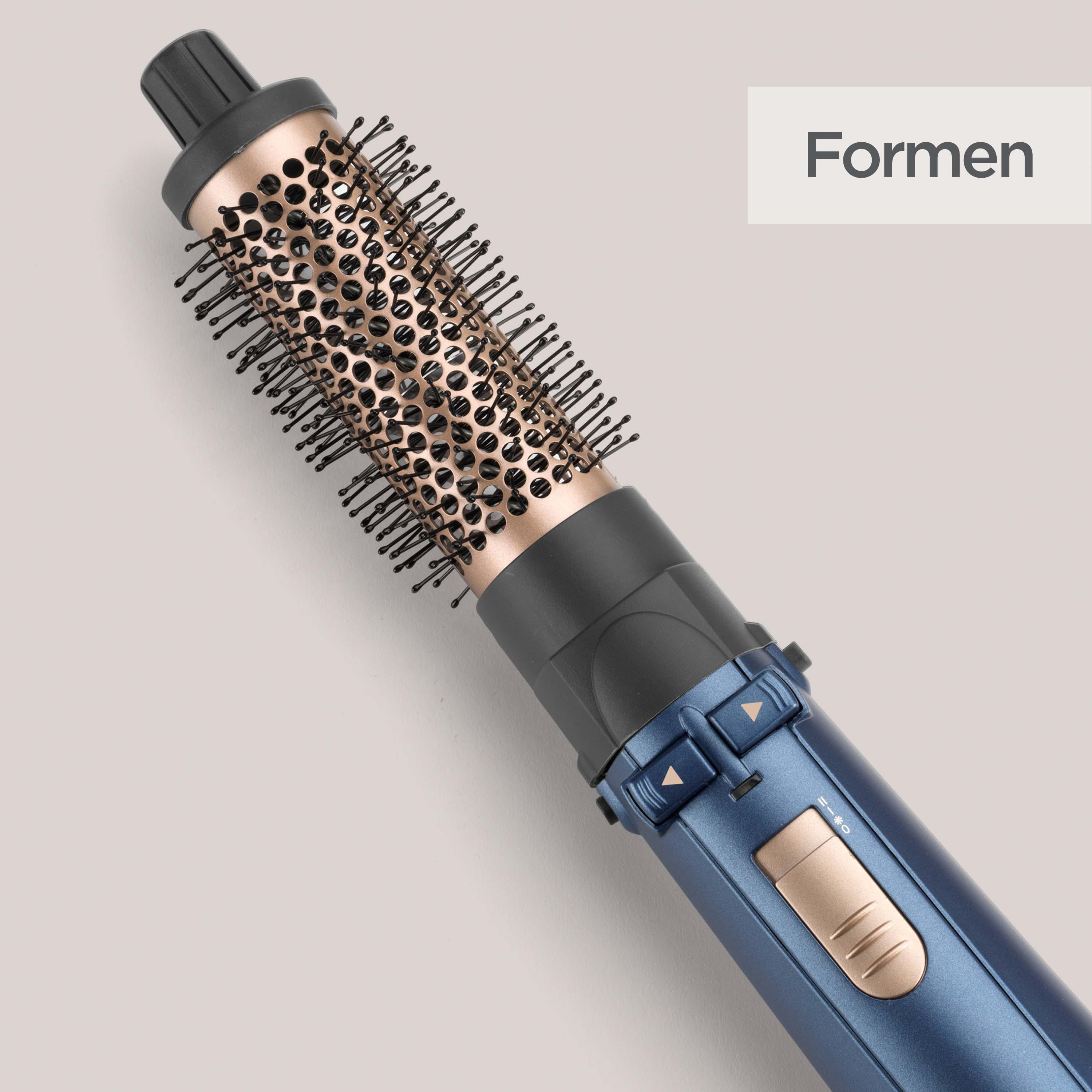 Ein blauer und goldener Lockenstab mit schwarzen Borsten auf hellem Hintergrund.