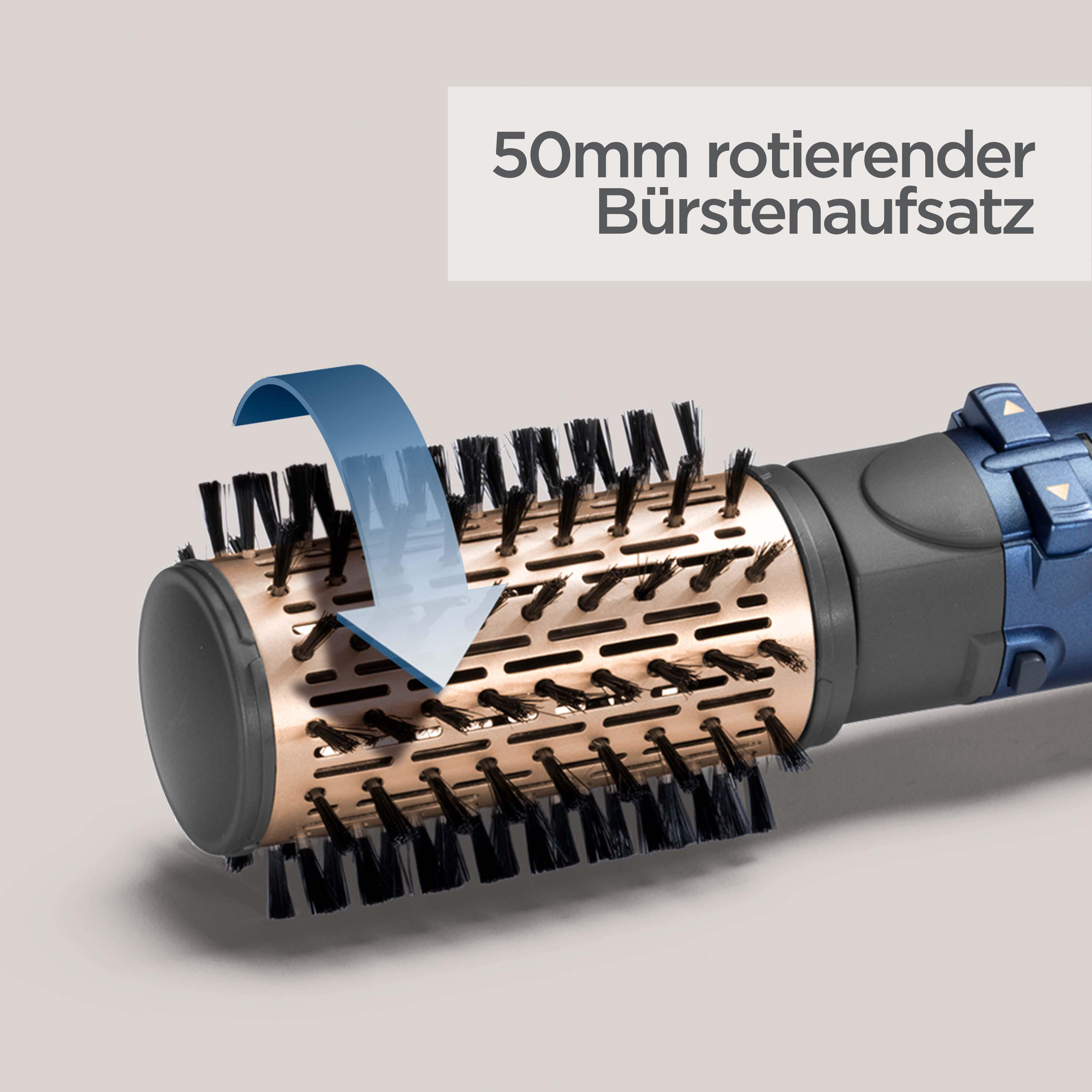 50mm rotierender Bürstenaufsatz mit blauer Pfeil-Animation.