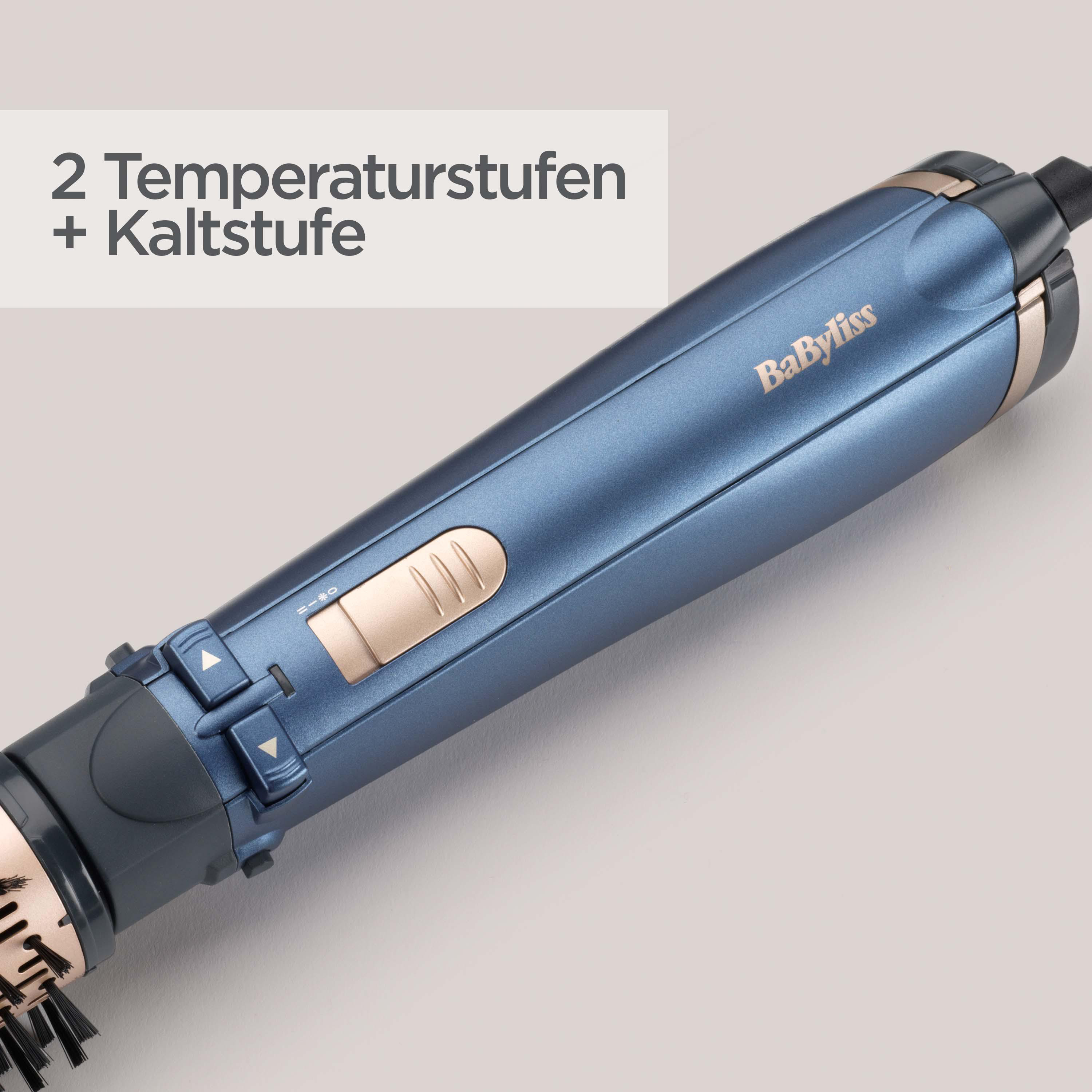 Ein blauer Babyliss-Haartrockner mit goldenen Akzenten und Bedienelementen.