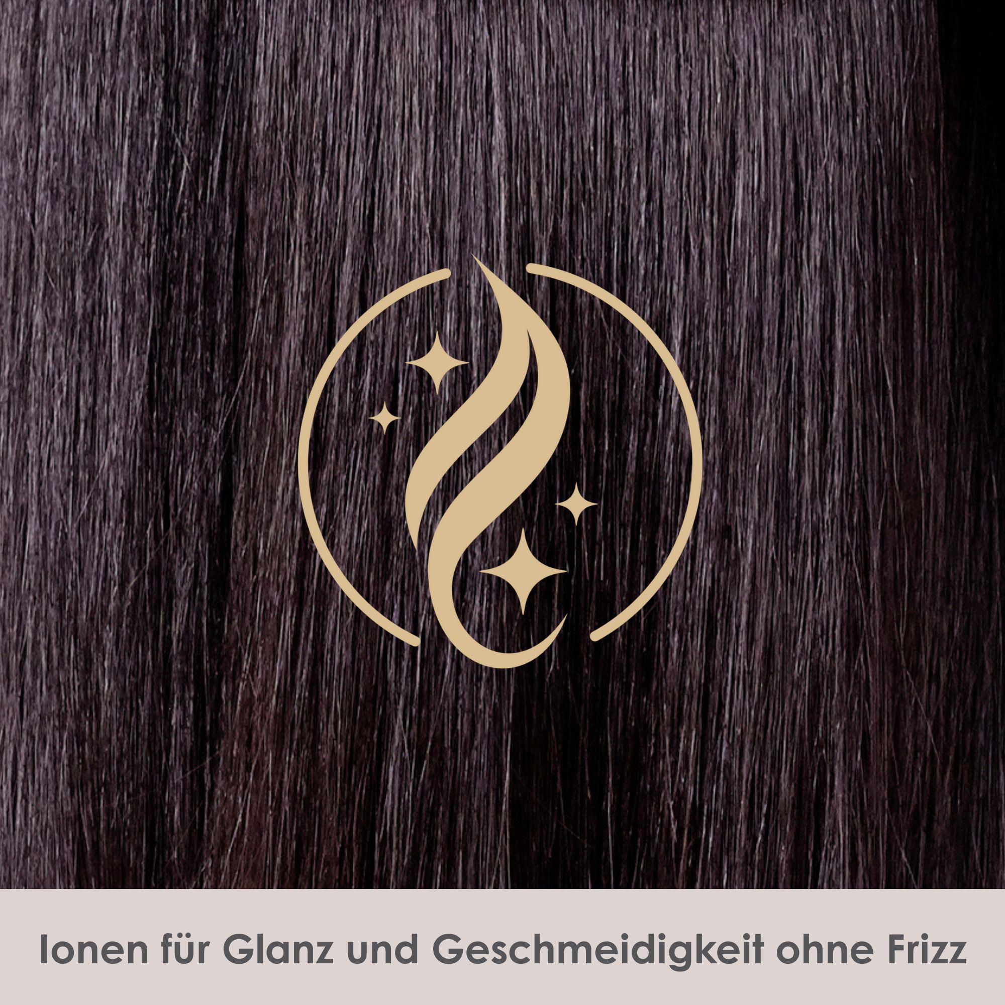 Dunkles Haar mit goldenem Logo und Sternen. Text: Ionen für Glanz und Geschmeidigkeit ohne Frizz.