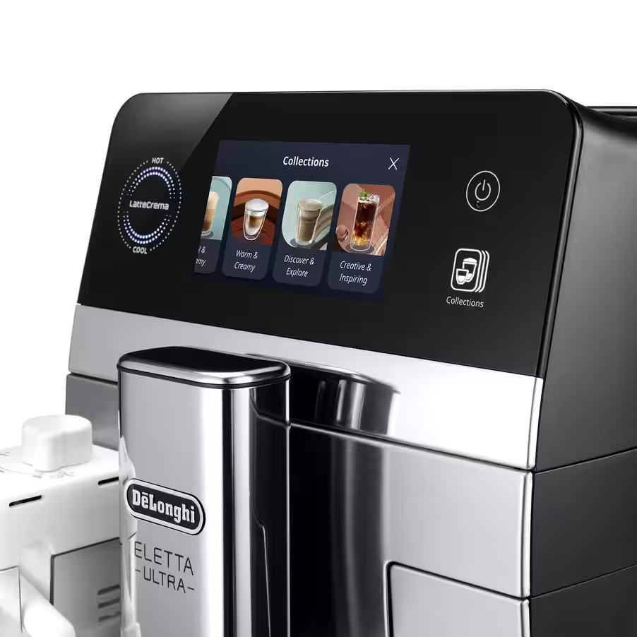 Egy kávéfőző érintőképernyővel, amely különféle kávékollekciókat jelenít meg.