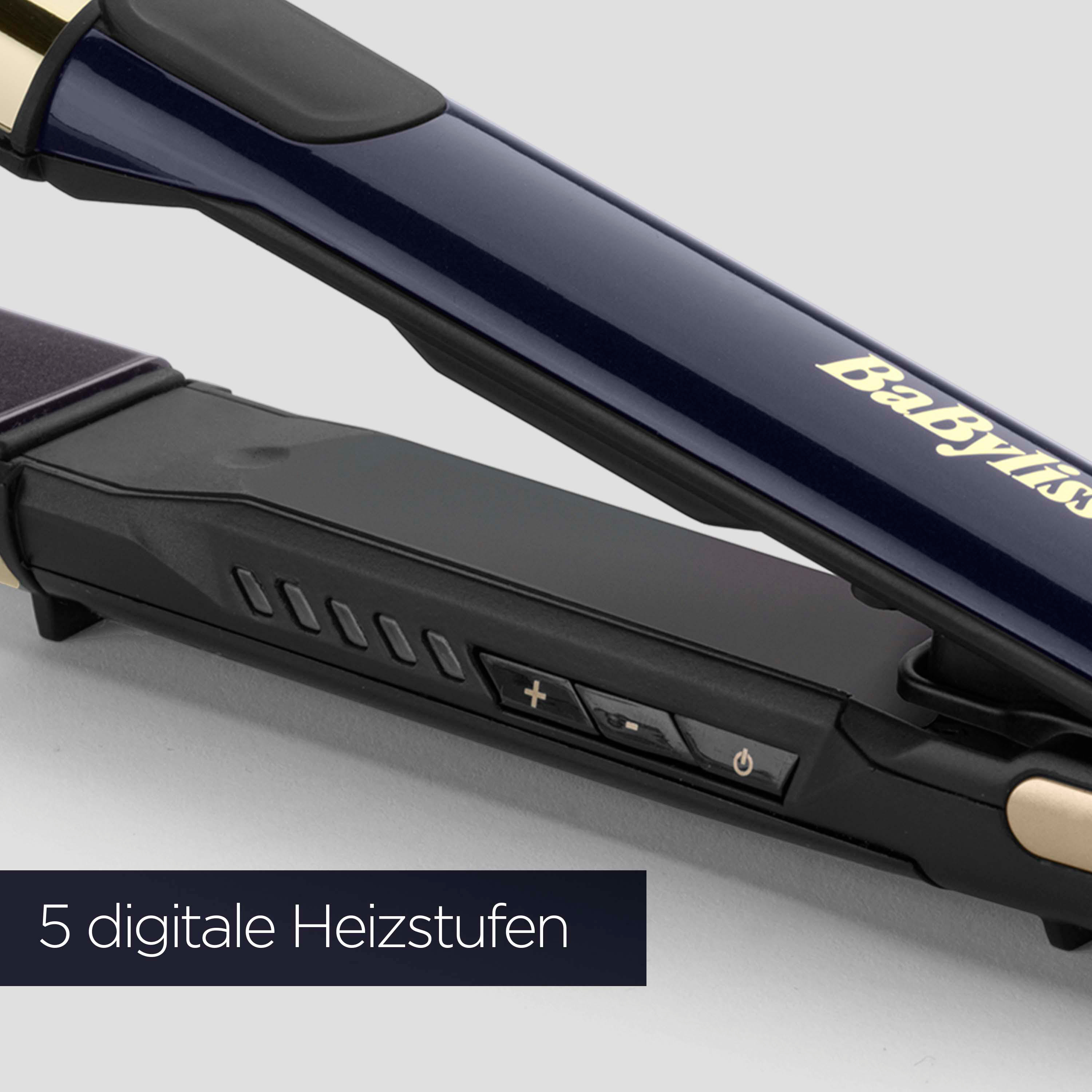 Ein dunkelblauer Lockenstab mit goldenen Akzenten und Bedienelementen.