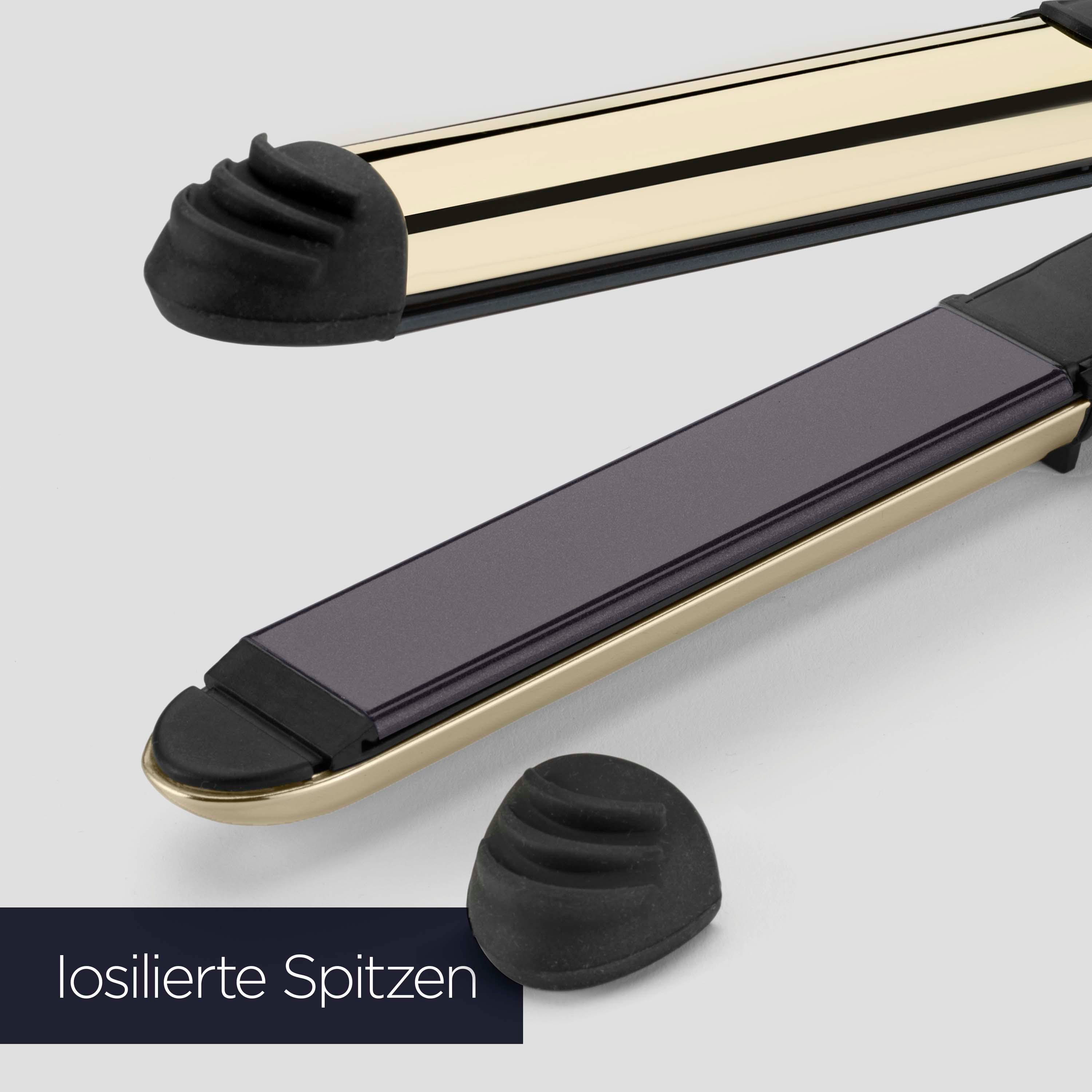 Zwei Glätteisen mit schwarzen und goldenen Elementen auf grauem Hintergrund.