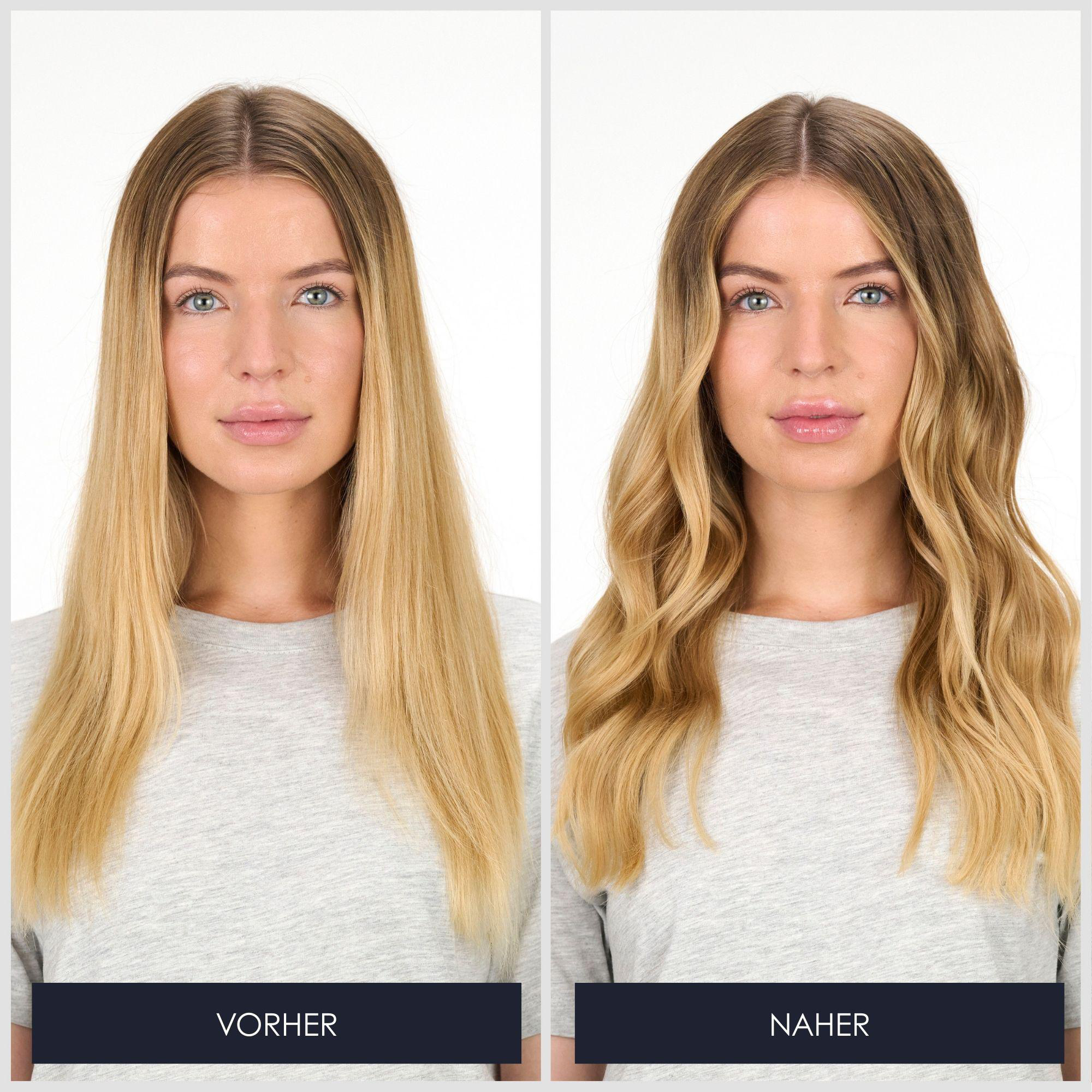 Vorher: Glattes blondes Haar. Nachher: Gewelltes blondes Haar.