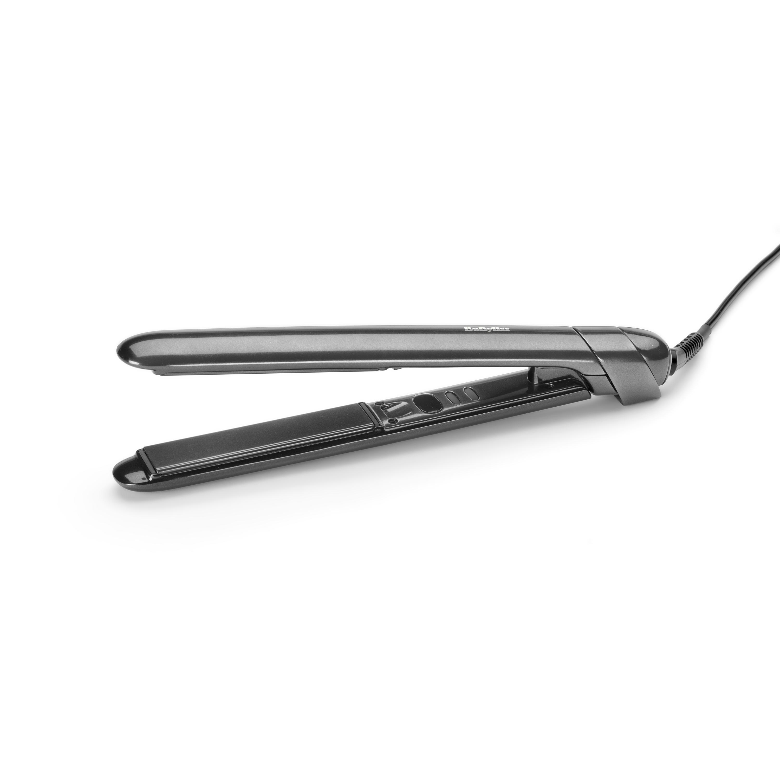Ein graues Glätteisen mit Kabel auf weißem Hintergrund.