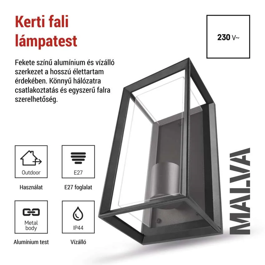 Fekete alumínium kültéri fali lámpa üveggel, E27 foglalat, IP44, 230V.