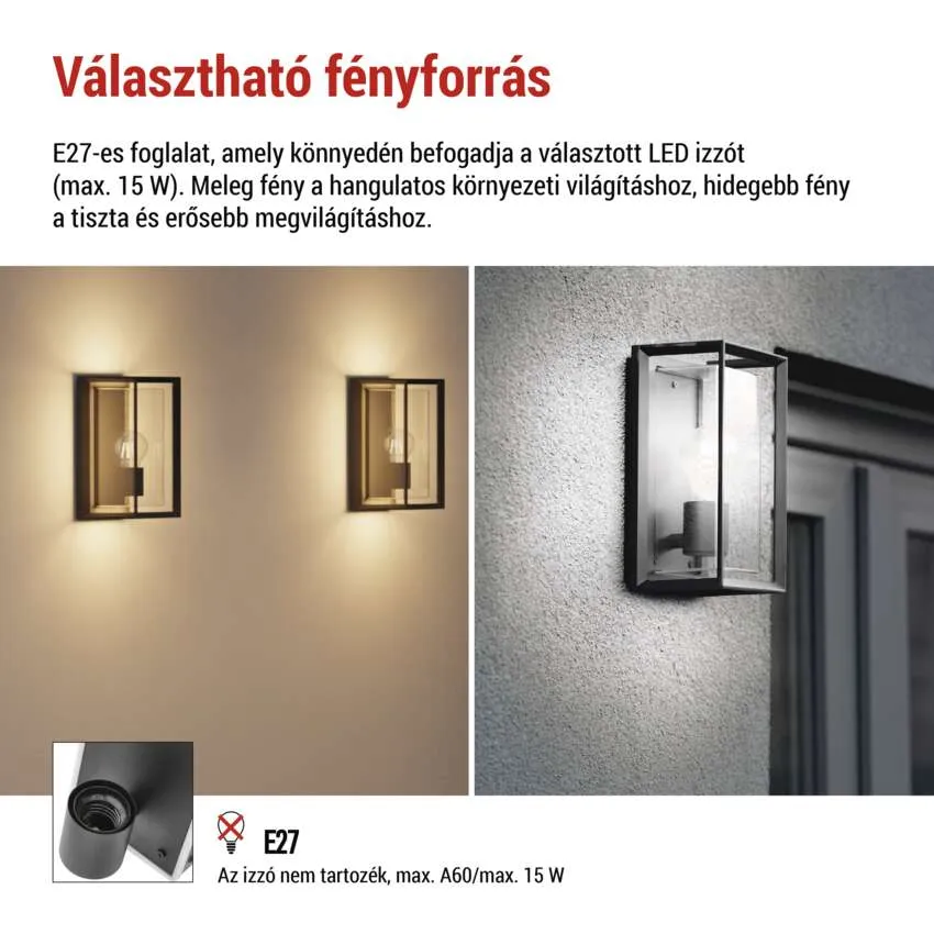 Két E27-es foglalatú fali lámpa, egy lámpa részletes nézete.