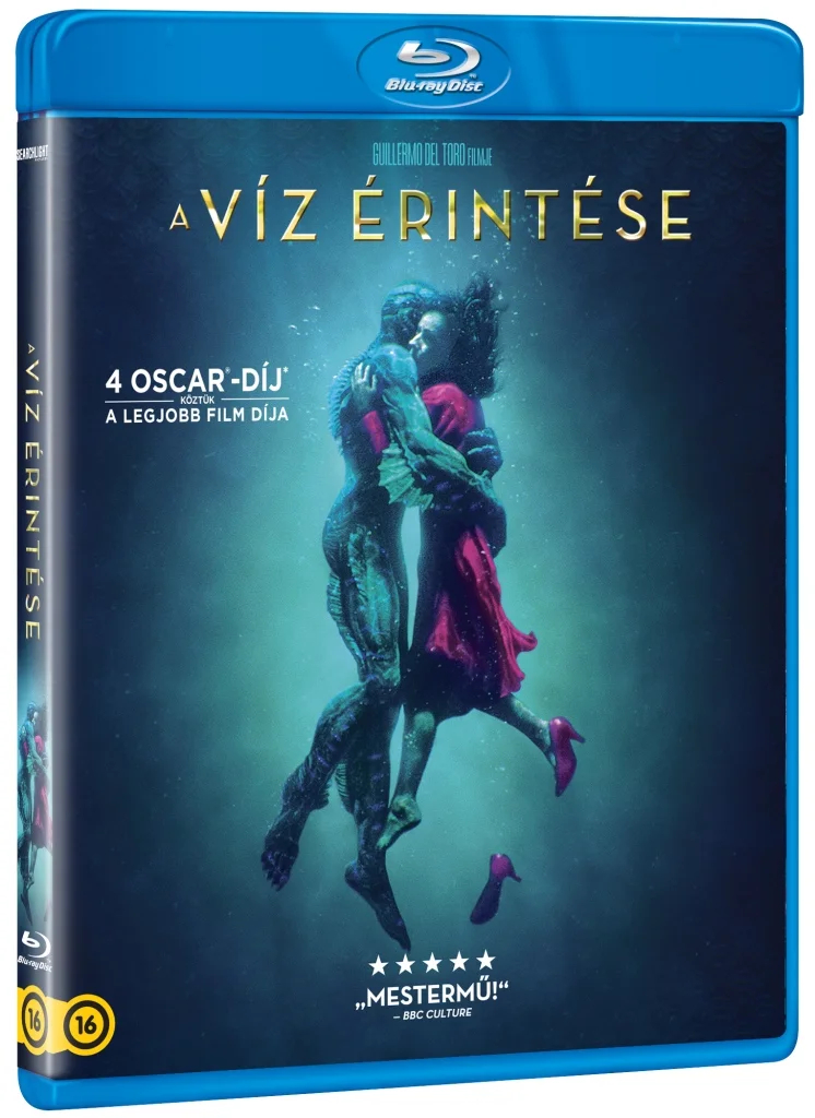Egy kétéltű férfi átölel egy piros ruhás nőt a víz alatt.
