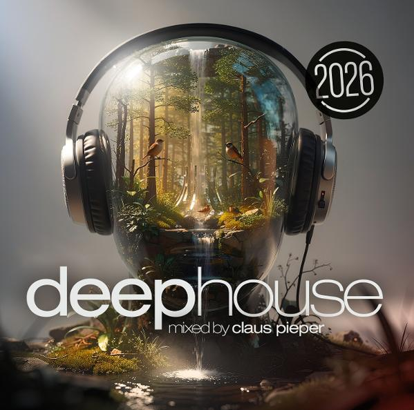 Kopfhörer mit einem Glaskolben, der einen Wald und Wasserfall enthält. Mit "deephouse" beschriftet.
