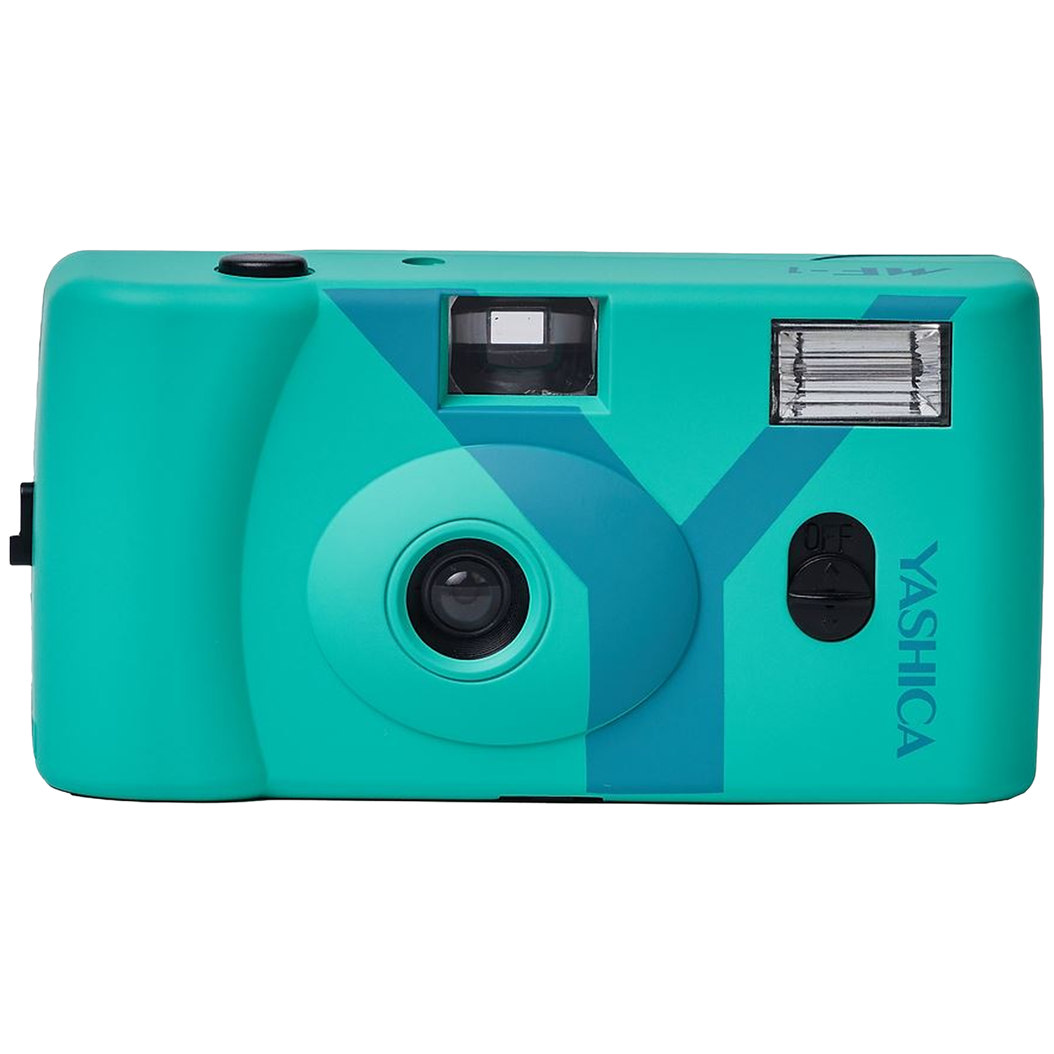 Un appareil photo Yashica turquoise avec des accents bleus et un flash.
