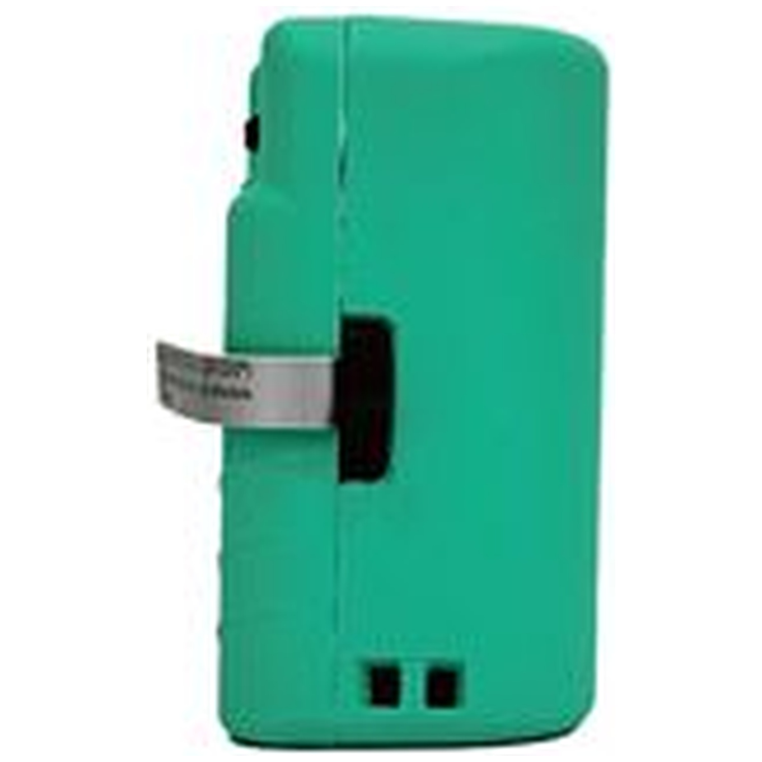 Une batterie vert sarcelle avec une petite languette noire qui dépasse.
