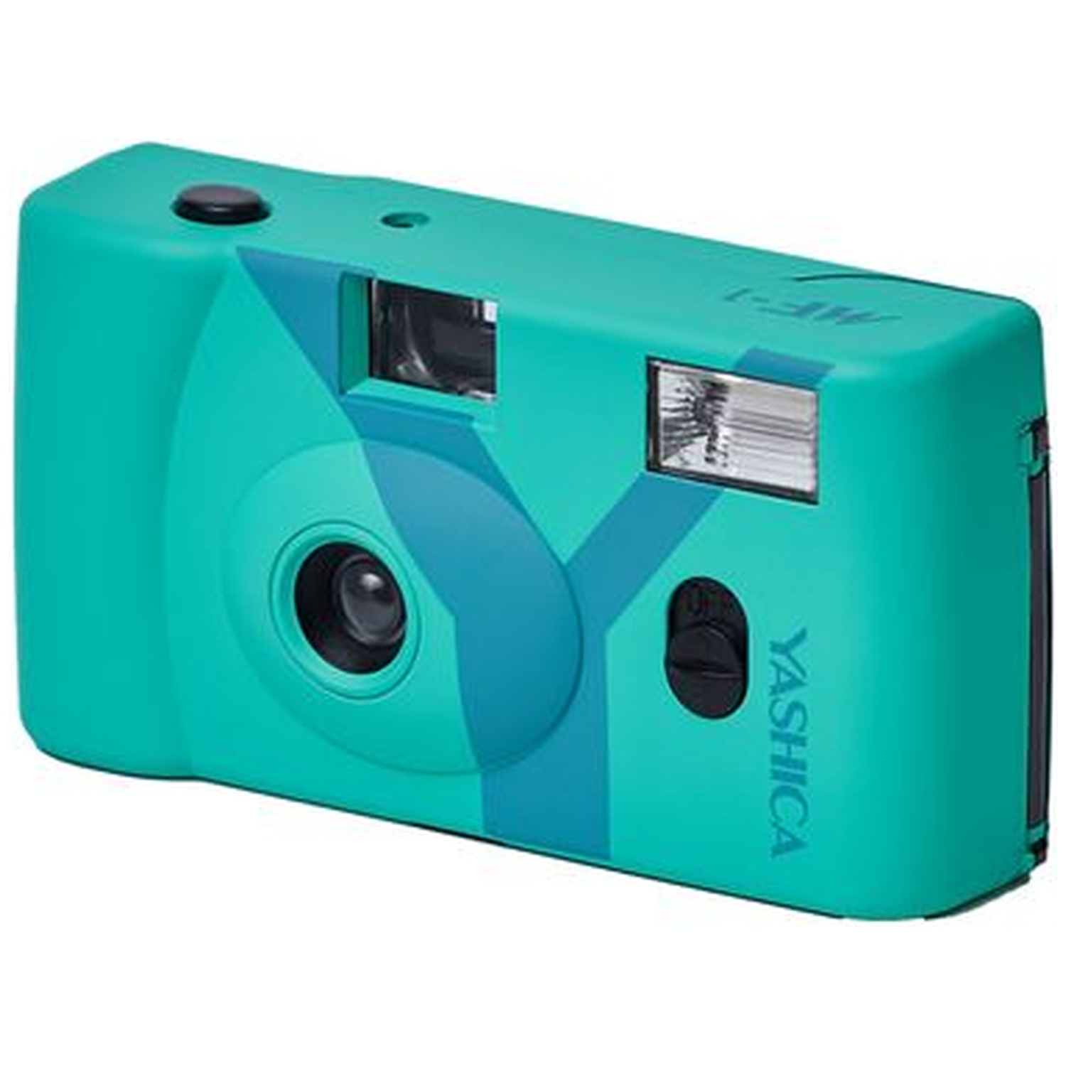Un appareil photo Yashica turquoise avec des accents bleus et un flash.
