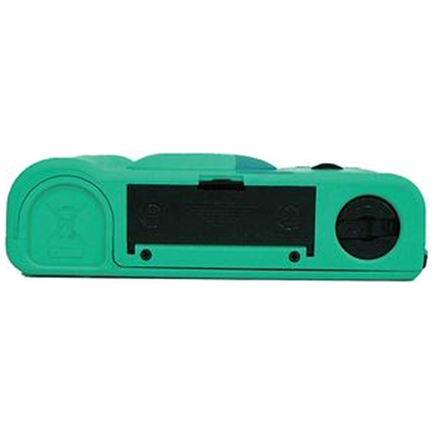 Boîtier vert avec détails noirs, couvercle du compartiment batterie.