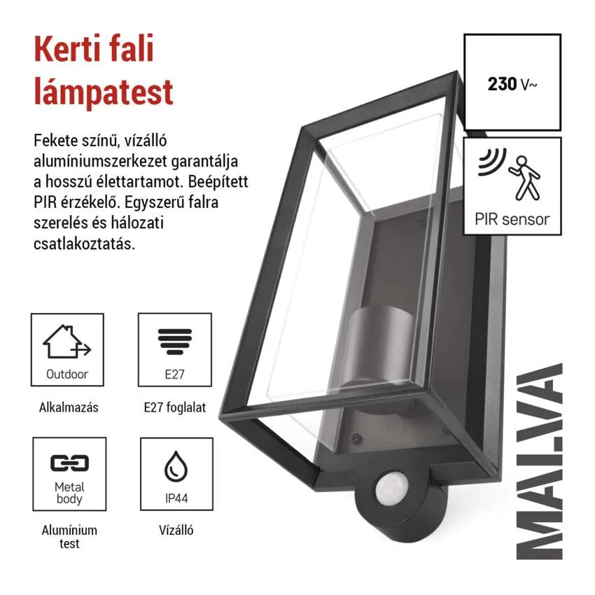 Fekete kültéri fali lámpa PIR-érzékelővel, E27 foglalattal, fém testtel, IP44.