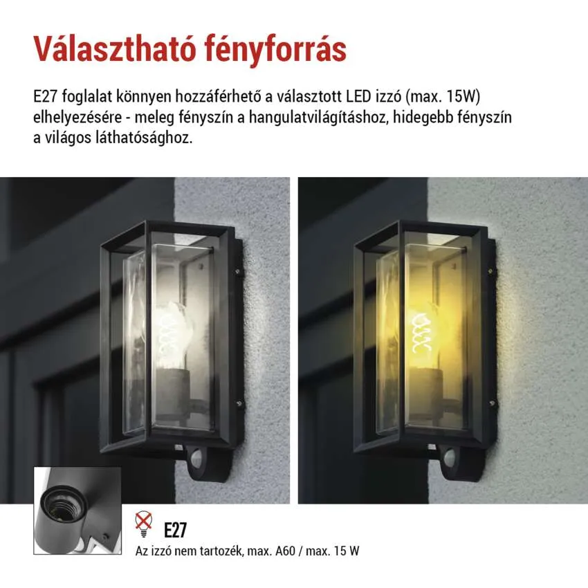 Két E27-es foglalatú falilámpa. Az egyik meleg, a másik hideg fényt ad.