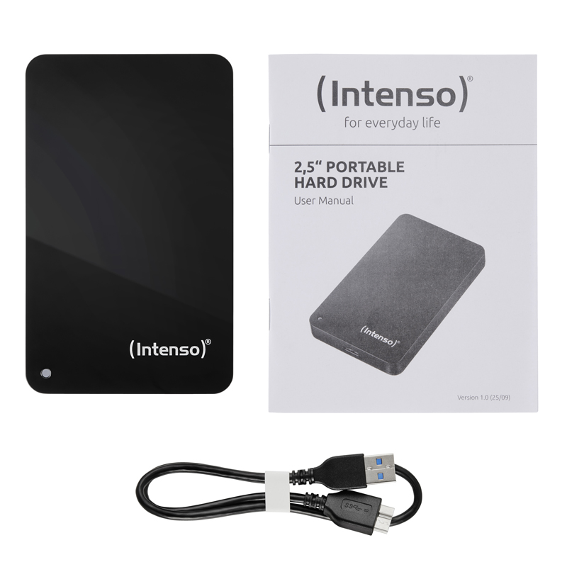 Schwarze externe Festplatte mit Handbuch und USB-Kabel.