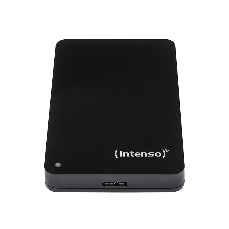 Schwarze externe Festplatte mit Intenso-Logo und USB-Anschluss.