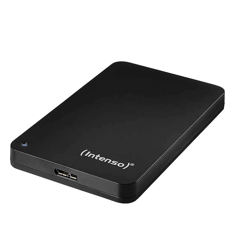 Schwarze externe Festplatte mit USB-Anschluss und Intenso-Logo.