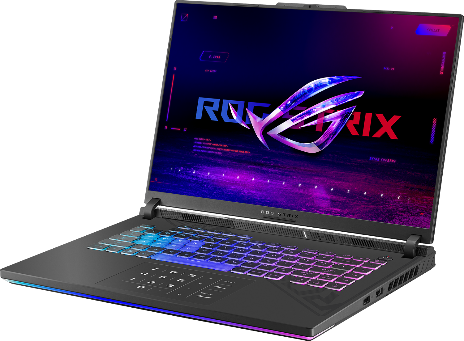 Egy nyitott laptop világító billentyűzettel és ROG logóval a képernyőn.