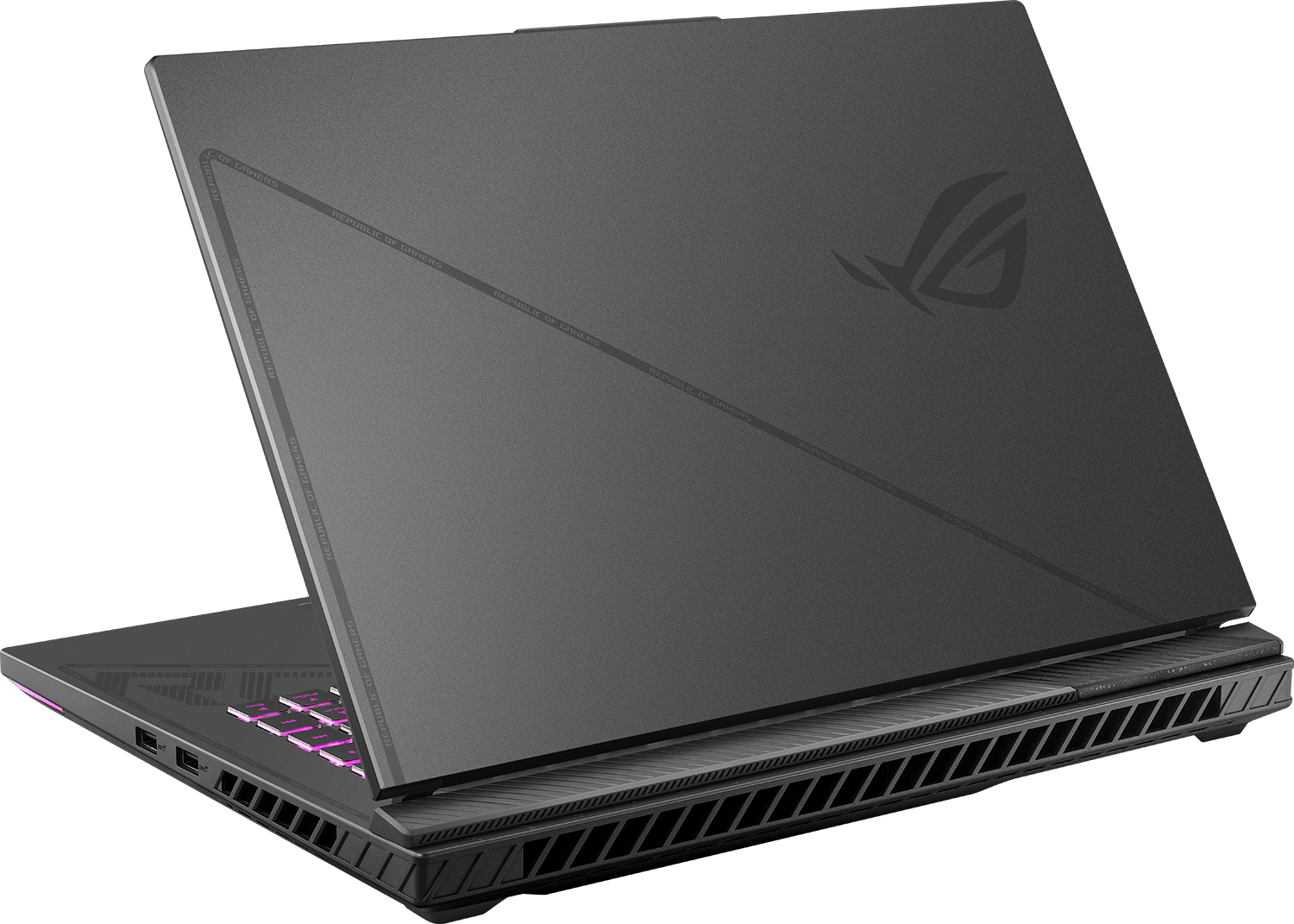 Szürke laptop ROG logóval és világító billentyűzettel.