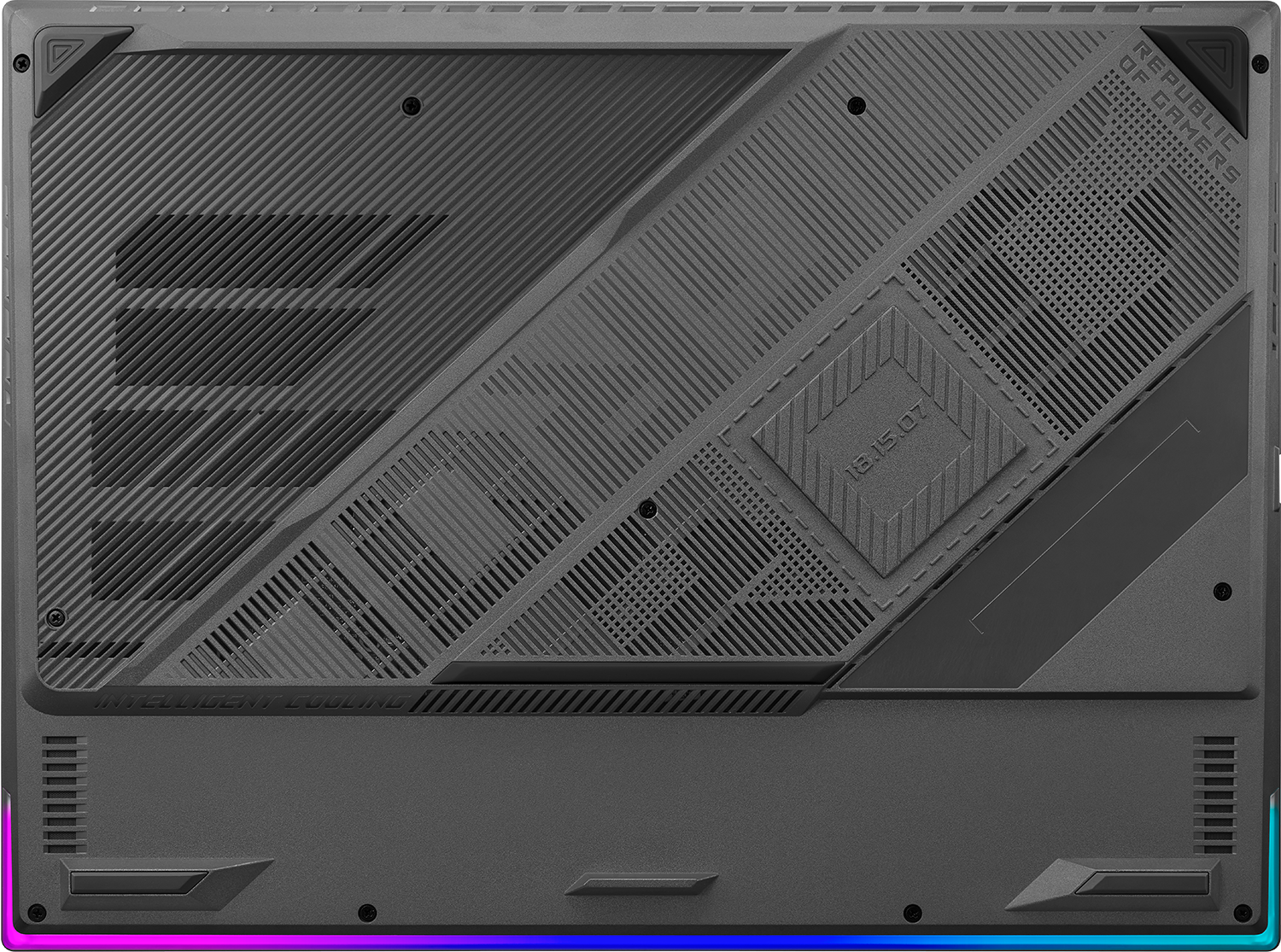 Laptop alsó része szellőzőkkel, textúrával és RGB világítással.