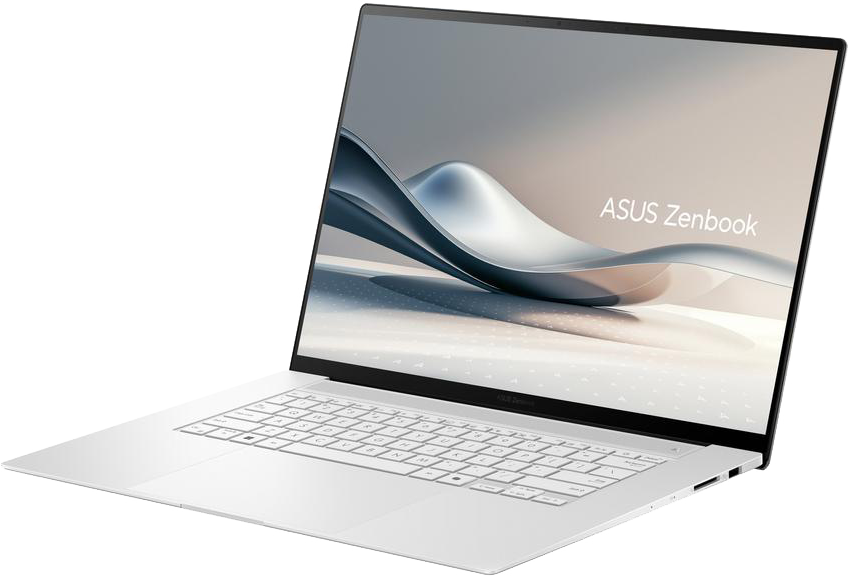 Egy fehér Asus Zenbook laptop háttérvilágított billentyűzettel és absztrakt grafikával.