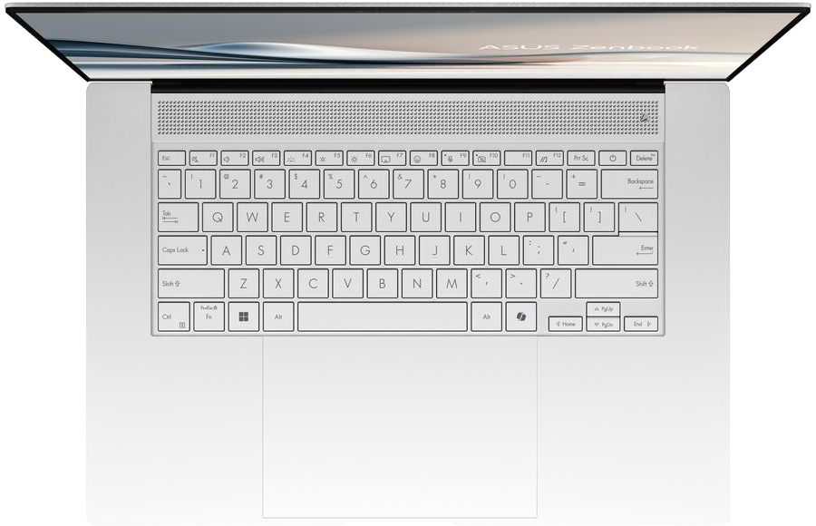 Egy nyitott, ezüst Asus Zenbook laptop, billentyűzet és képernyő látható.