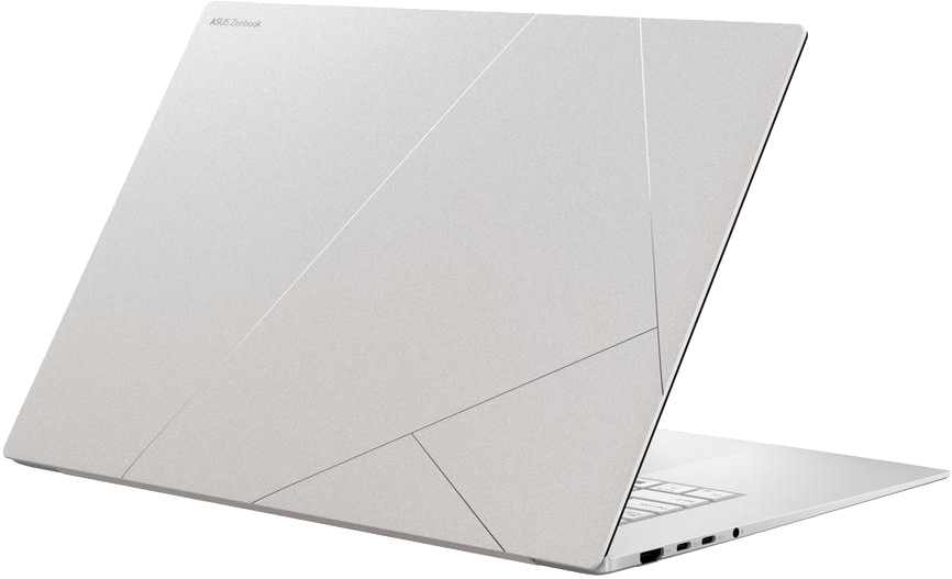 Ezüst ASUS Zenbook laptop geometrikus mintákkal a fedélen, kinyitva a billentyűzet látható.