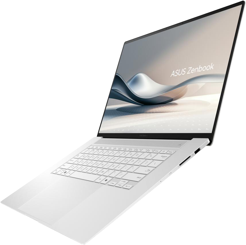 Fehér laptop világító billentyűzettel és ASUS Zenbook logóval a képernyőn.