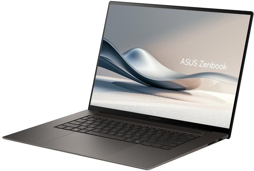 Egy nyitott, sötét Asus Zenbook laptop hullámgrafikával a képernyőjén.