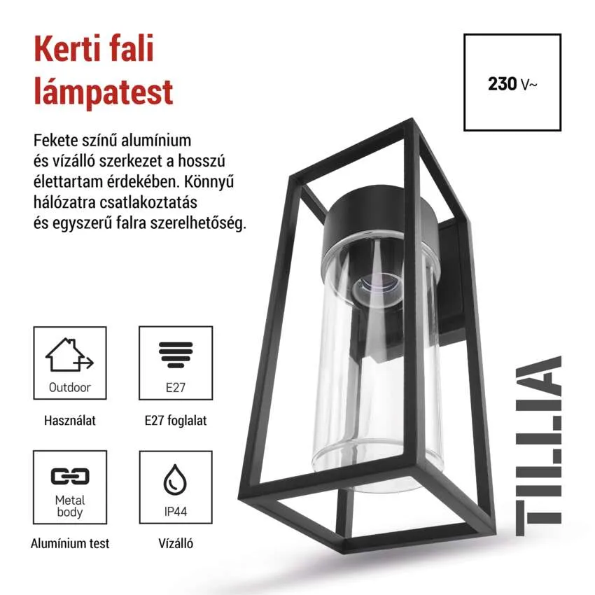 Fekete alumínium kültéri fali lámpa üveghengerrel, E27 foglalattal, IP44.