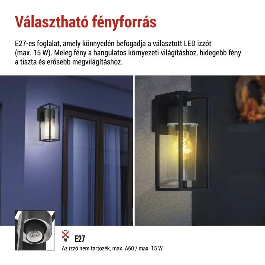 Kültéri fali lámpa fekete fém kerettel és üveghengerrel, E27 foglalat.