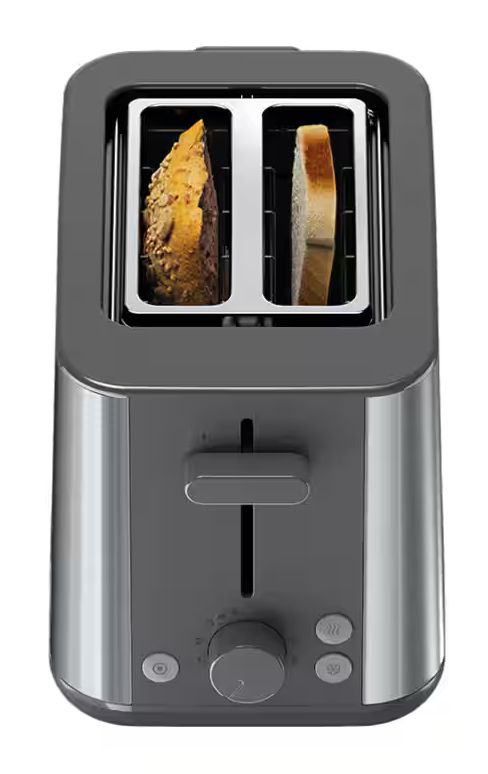 Nowoczesny toster z dwoma kromkami chleba, jedną grubą i jedną cienką.