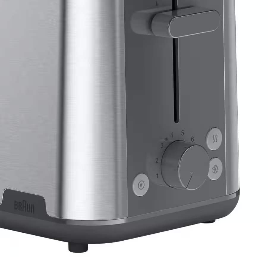 Srebrny toster z szarymi elementami sterującymi, pokrętłem i przyciskami.