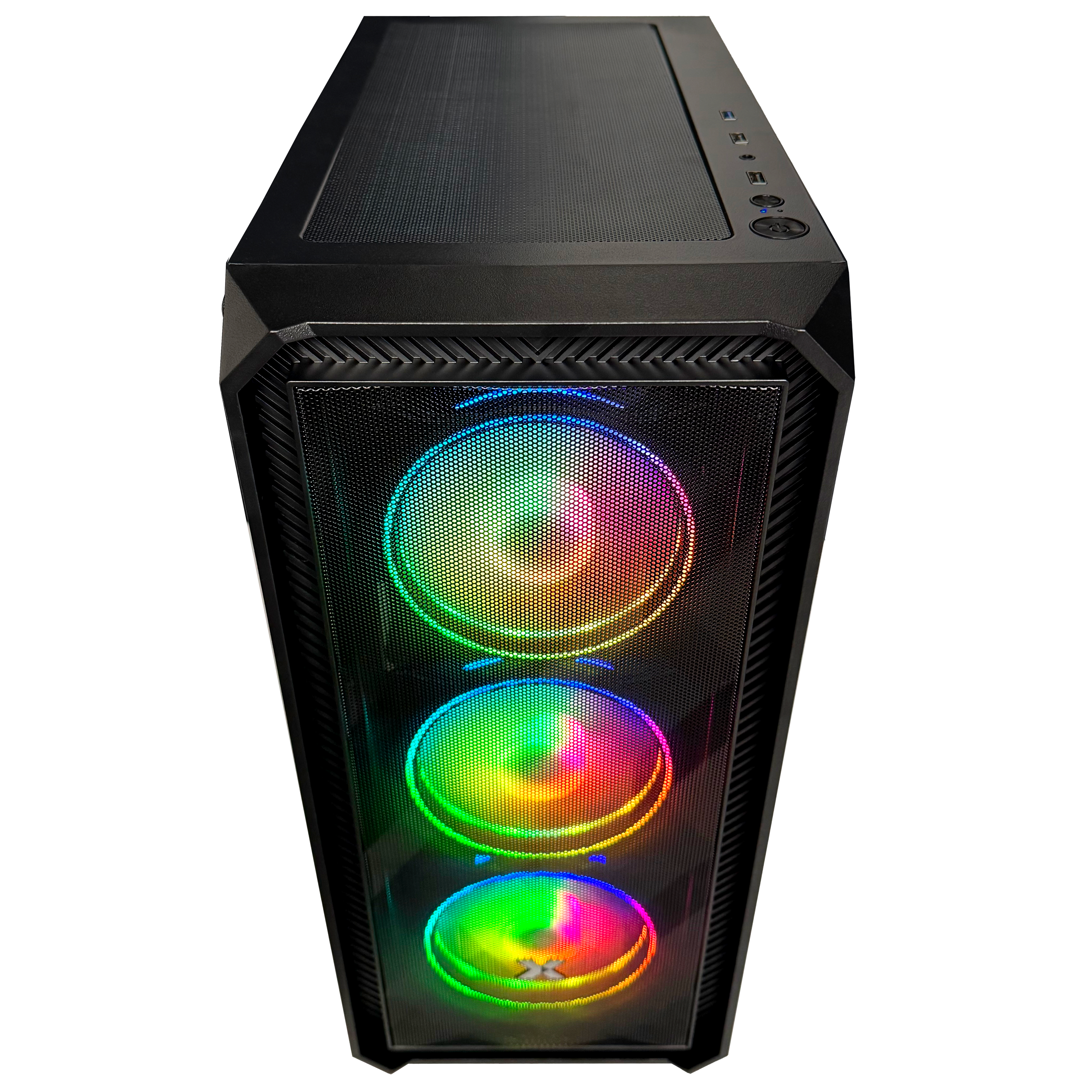 Ein schwarzes Computergehäuse mit drei beleuchteten Lüftern.