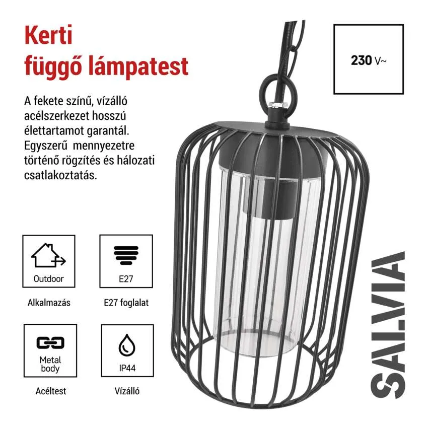 Fekete, vízálló acél függő lámpatest ketrec designnal, E27 foglalattal, IP44.