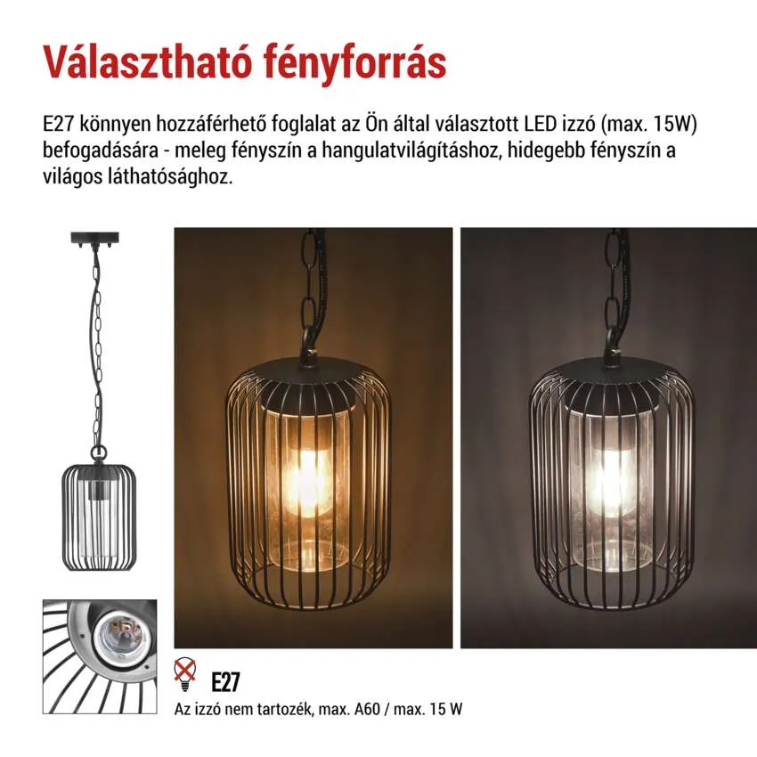 Függőlámpa fekete ketrecbúra és látható izzó, E27 foglalat.