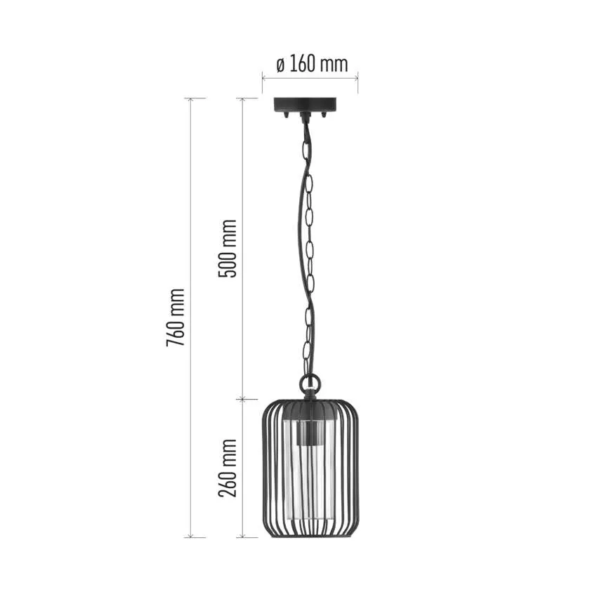 Fekete függőlámpa ketreclámpabúrával. Átmérő 16cm, teljes hossz 76cm.