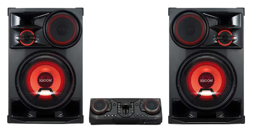 Ortada kontrol ünitesi bulunan, kırmızı ışıklı iki siyah LG XBOOM hoparlör.
