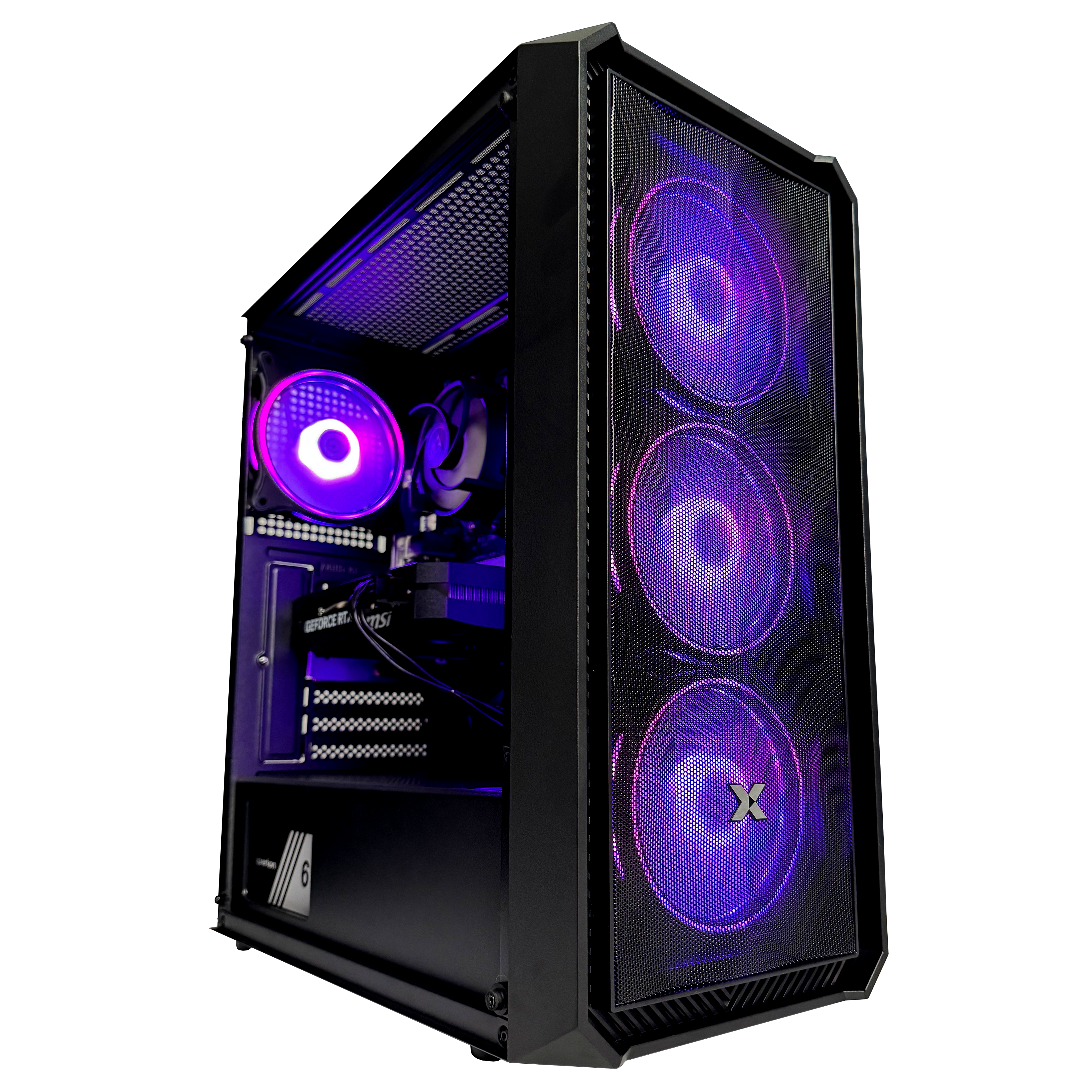 Schwarzer Computerturm mit violetter RGB-Beleuchtung auf Lüftern.