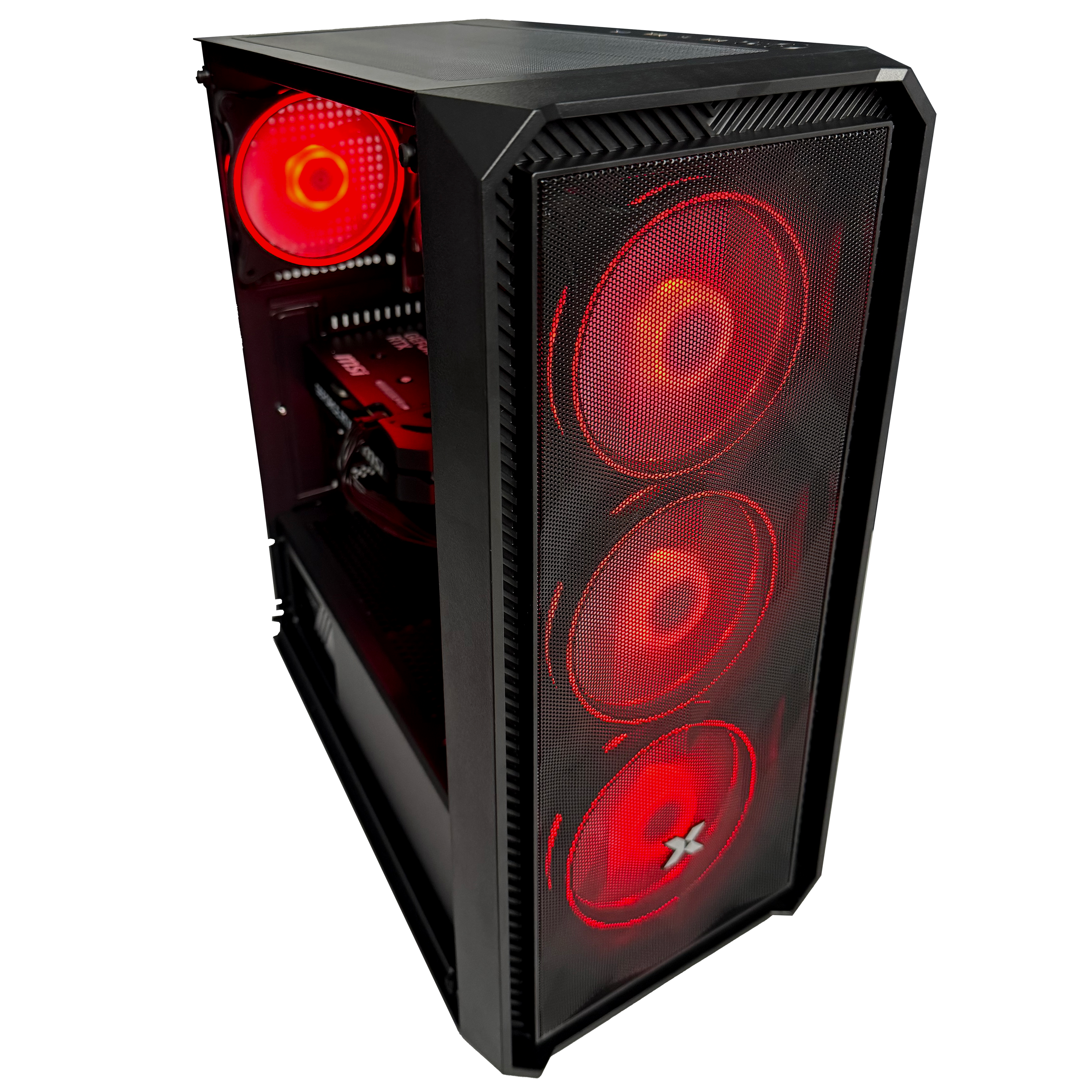 Schwarzes PC-Gehäuse mit drei roten Lüftern und sichtbaren internen Komponenten.
