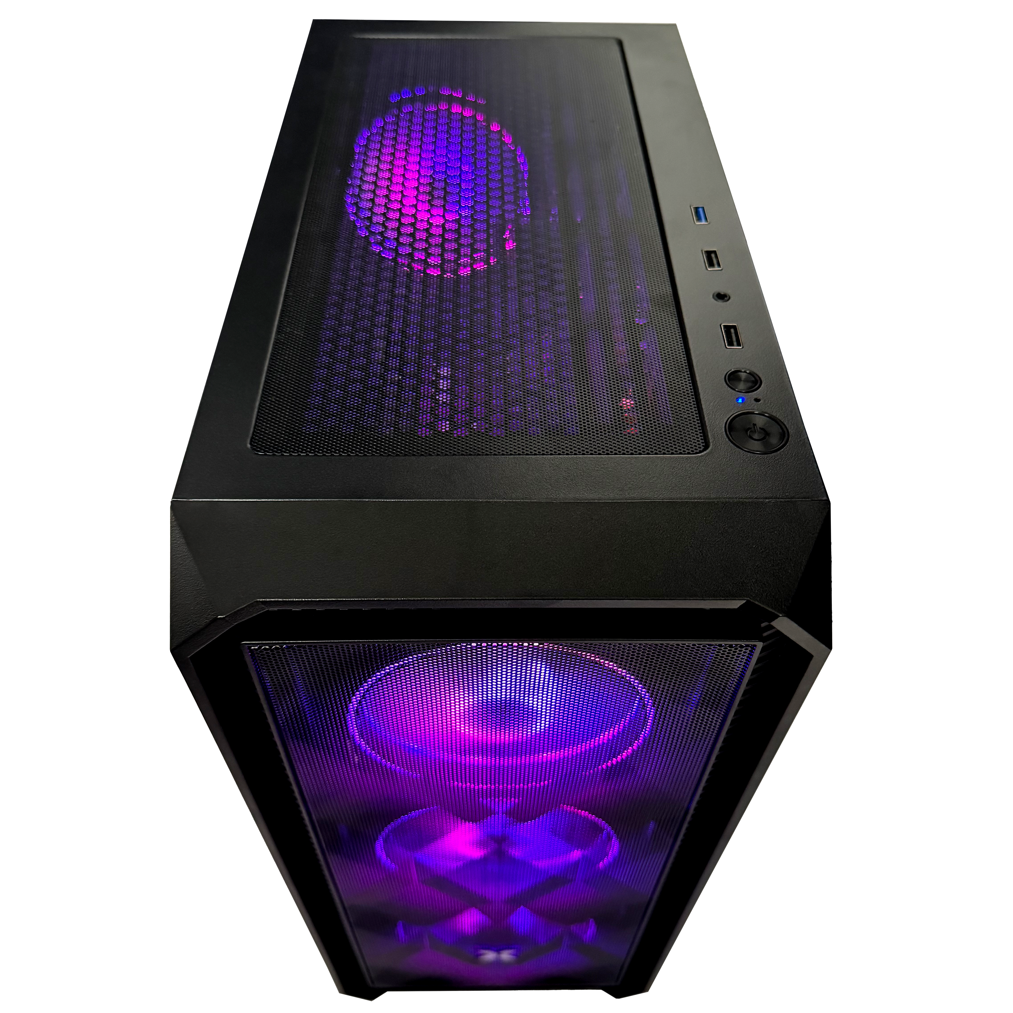 Schwarzer PC-Turm mit lila RGB-Beleuchtung auf Lüftern und Front.