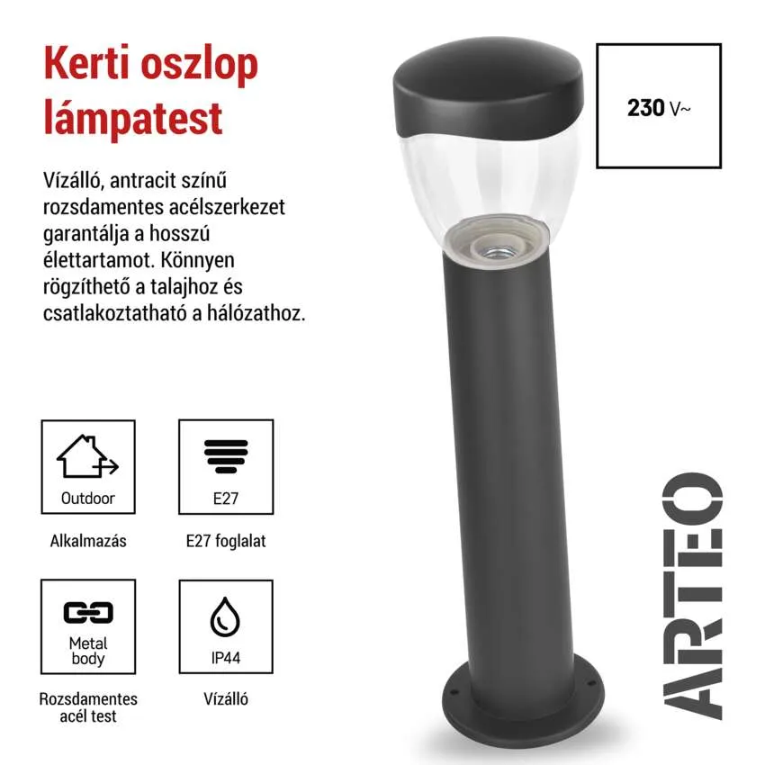 Sötét kültéri lámpa átlátszó üvegkupola és fém talp. 230V.