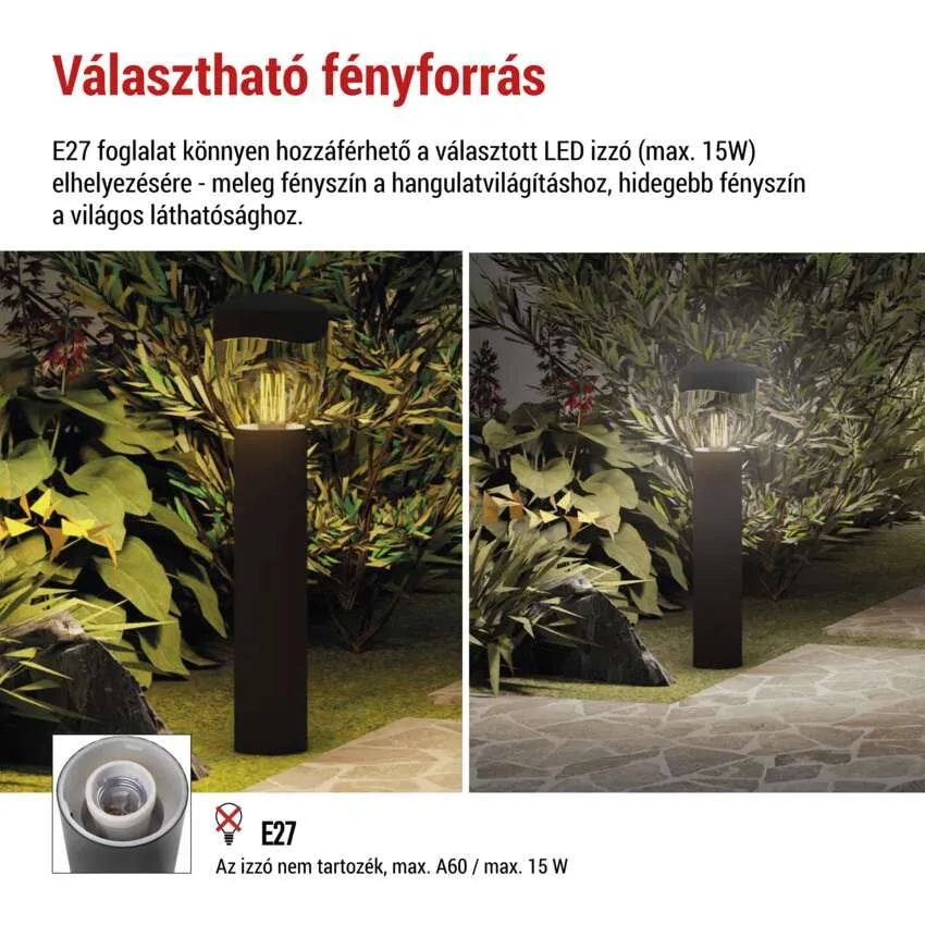 Modern sötét kerti lámpa üveg felsővel, megvilágítva.