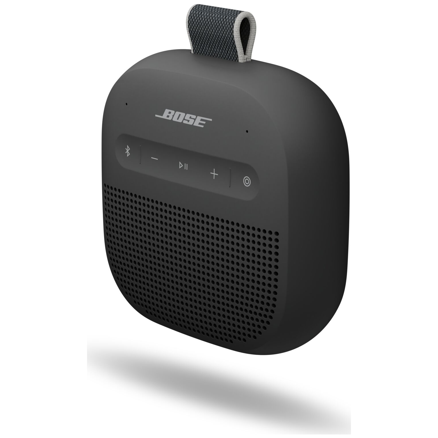 Zwarte Bose speaker met lus en bedieningsknoppen.