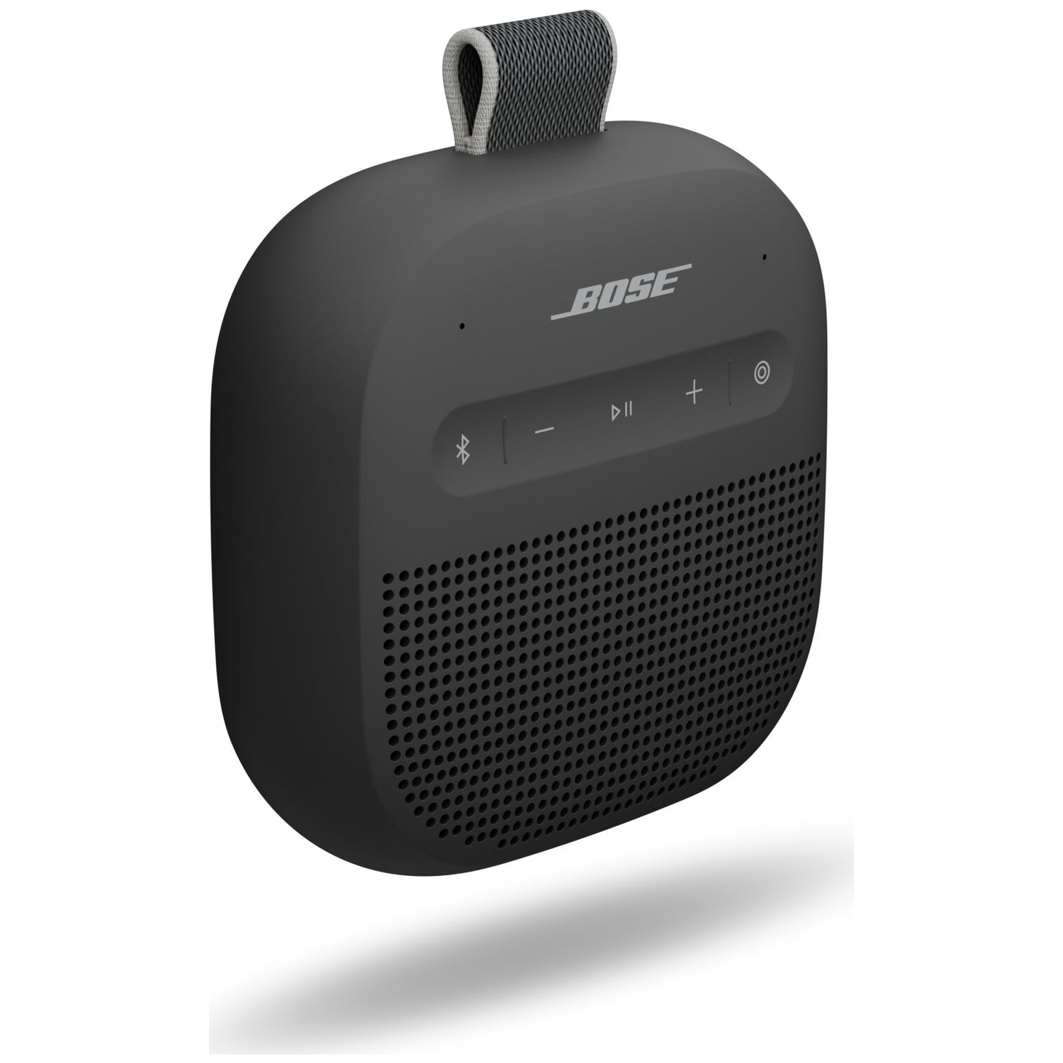 Een zwarte Bose SoundLink Micro speaker met stoffen handvat wordt getoond.