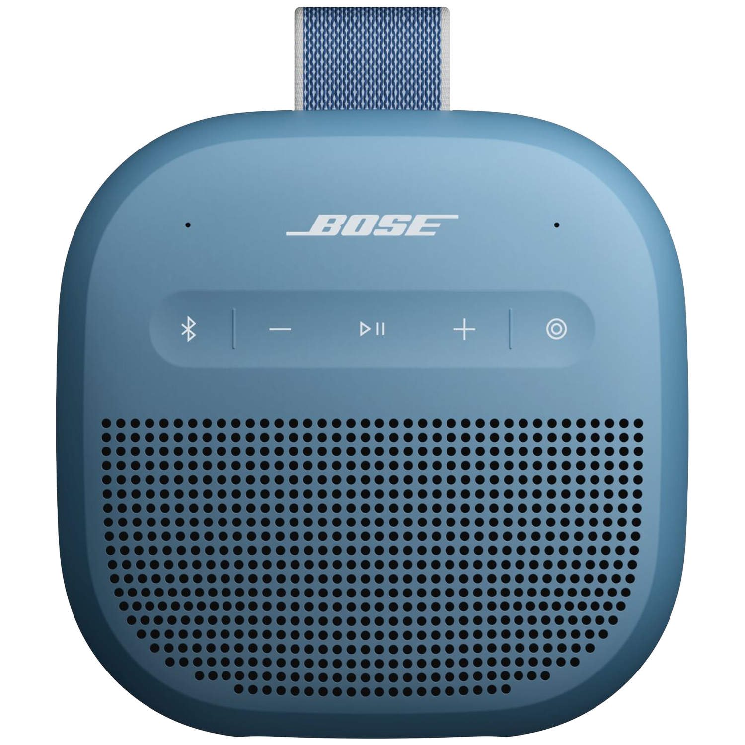 Een blauwe Bose SoundLink Micro speaker met een blauw-wit gestreepte band op zwarte achtergrond.